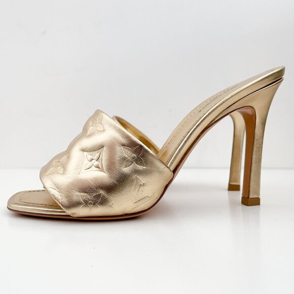 Louis Vuitton Shoes - Louis Vuitton Revival Mule Monogram Gold Metalic Heel Padded Heels Sandals